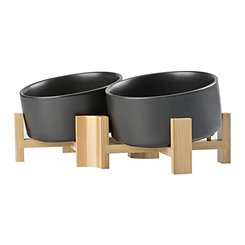 SPUNKYJUNKY 15° Slanted Ceramic Dog Bowl with Elevated Bamboo Stand - Tilted Pet Feeder for French Bulldog Pugs No Slip Anti-Vomiting for Cat Medium Dog Flat Face Pets 28.7 OZ (3.6 Cups, Black × 2) - color: Black, size: 3.6 CUPS × 2