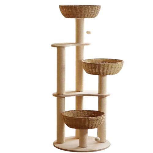 54" Modern Cat Tree for Large Cats, Wood Luxury Multi-Level Oak Solid Wood Cat Trees Cat Towers with 3 Rattan Weaving Cat Nests & Washable Cushions, Sisal Scratching Posts, for Indoor Cats-Lacquered - size: Large-Oiled1