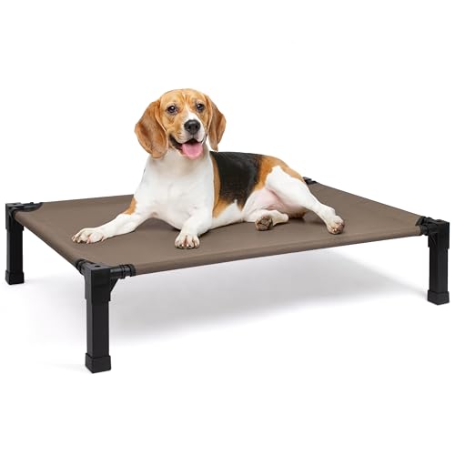 Heeyoo Elevated Dog Bed, Cooling Raised Pet Cot with Chew Proof Washable Breathable Mesh and Metal Frame, Portable Dog Cot Bed with No-Slip Feet for Outdoor or Indoor Use - color: Brown, size: 42"L x 30"W x 8.4"H