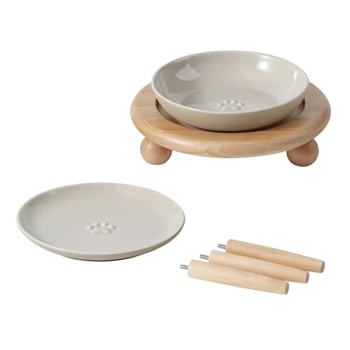 Havniva Cat Bowls Elevated 5.6” Ceramic Cat Bowl with Stand Whisker Friendly Cat Dishes, Cat Food & Water Bowl Set with Two Heights Options, Raised Cat Food Plates for Kitten Anti-Slip Pet Bowls - color: 1 Bowl+1 Shallow Dish+Stand- Vintage Latte