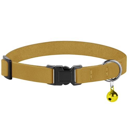 Breakaway Cat Collar Leather with Removable Bell - 13 Colors Available - Soft Adjustable Girl Boy Safety Lightweight Pet Kitten Collars Pink Brown Blue Green Red Orange Black (Mustard) - color: Mustard