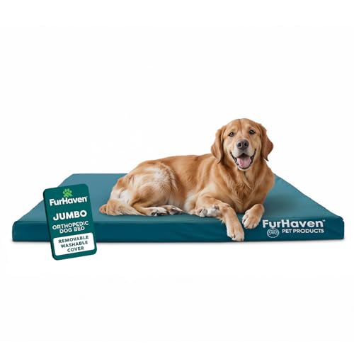 FurHaven Water-Resistant Orthopedic Dog Bed for Large Dogs, Oxford Polycanvas Mattress with Egg Crate and Solid Orthopedic Foam Base for Joint Support, Washable Cover, Jumbo XL, Deep Lagoon - color: Water-Resistant Logo Print (Deep Lagoon), size: Jumbo