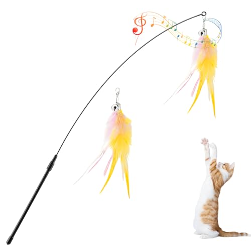 Pawaboo Feather Teaser Cat Toy, Interactive Feather Wand Cats Toy Flying Feathers Cat Catcher with Extra Long 34.5" Wand and Small Bell, Exerciser Playing Toys for Kitten or Cats, Pink+White+Yellow - color: Pink+White+Yellow