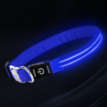 LED Dog Collar with Metal Buckle - USB Rechargeable Glow Collar for Dogs, Waterproof Light Up Dog Collar w/Reflective Strips - Adjustable Night Safety Collars by PetIsay(Blue,Large) - color: Blue(Fiber optic version), size: Large (18½ " - 23½ ")