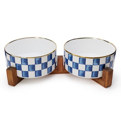 Ceramic Dog Bowls for Medium Dogs, 3.5 Cups Checkered Dog Food and Water Bowl with Acacia Wood Stand, Non-Slip Anti-Tip Elevated Feeding Station, Blue and White - color: Blue and White