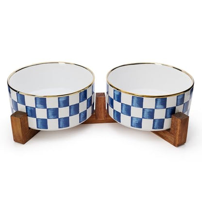Ceramic Dog Bowls for Medium Dogs, 3.5 Cups Checkered Dog Food and Water Bowl with Acacia Wood Stand, Non-Slip Anti-Tip Elevated Feeding Station, Blue and White - color: Blue and White