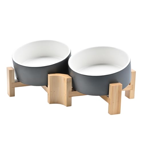 SPUNKYJUNKY 15° Slanted Ceramic Dog Bowl with Elevated Bamboo Stand - Tilted Pet Feeder for French Bulldog No Slip Anti-Vomiting for Cat Small Dog Flat Face Pets 13.5 OZ (1.7 Cups, White-Grey × 2) - color: White-Grey, size: 1.7 CUPS × 2