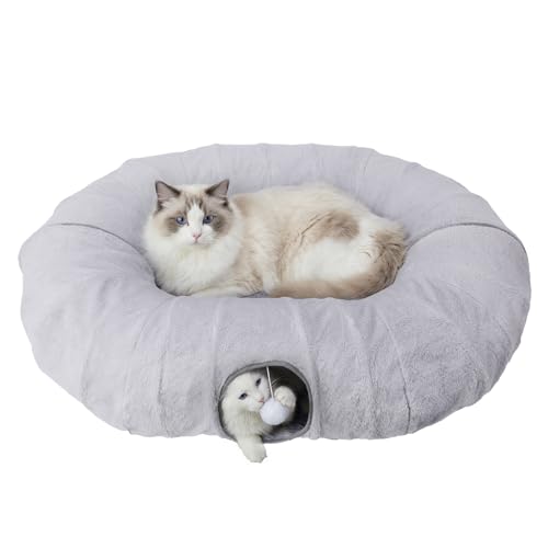 Extra Large Cat Tunnel, 47.2in Multi-Cat Family Big Cat Tunnel for Cats, Long Cat Tunnel Bed with Washable Plush Mat, XXL Pet Play Tunnel Toy for Cats, Puppy, Rabbits Grey - color: Grey, size: Large