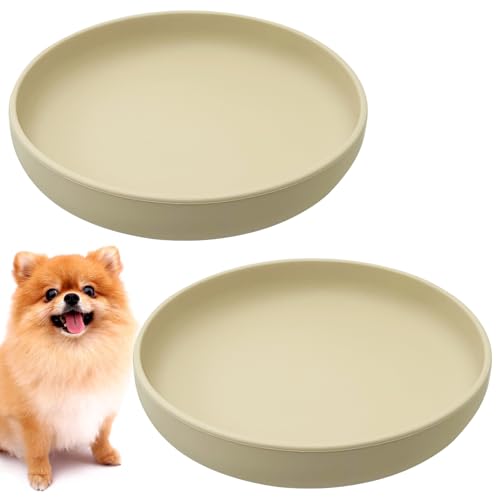 Silicone Dog Bowl Set of 2 Flat Puppy Food & Water Dish Less Mess Cat Dry Food Plates with Suction Cup Non-Tippable Feeding Bowls for Small & Medium-Sized Pets (Round Beige) - color: Beige
