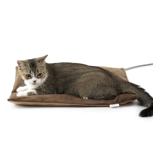 Outdoor Heated Cat Bed, Soft Pet Heating Pad with Steel-Wrapped Cord, Outside Pet Warmer for Feral Cats and Dogs, 19.7" x 15.7", 40 Watts - color: Brown, size: 19.7"L x 15.7"W