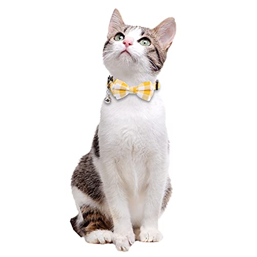2 Pack/Set Cat Collar Breakaway with Cute Bow Tie and Bell Plaid Flower for Kitty Adjustable Safety - color: Yellow