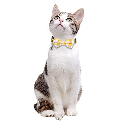 2 Pack/Set Cat Collar Breakaway with Cute Bow Tie and Bell Plaid Flower for Kitty Adjustable Safety - color: Yellow