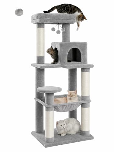 MUTTROS Cat Tree for Large Cats Adult with Metal Plush Big Hammock, 56.3" Cat Tower with 2 Door Condo House, 6-Tier Cat Shelves with Scratching Posts and Large Top Perch, Gray - color: Grey, size: 56.3in