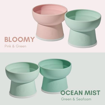 Necoichi 2pcs Elevated Cat Water Bowls with Measurement – BPA-Free Plastic Raised Bowls to Reduce Whisker & Neck Fatigue – Dishwasher Safe – Non-Slip, Anti-Vomiting (Bloomy) - color: Green and Pink (Bloomy)