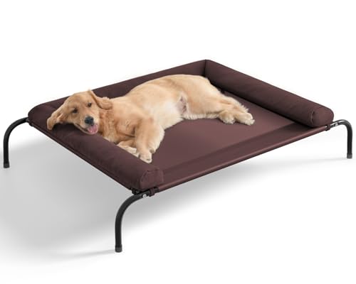 Cooling Elevated Dog Bed for Large Dogs, Outdoor Raised Dog Bed Portable Dog Cot Bed with Breathable Mesh, Chew Proof Pet Cots with Removable and Waterproof Bolster - color: Brown, size: 43.0"L x 31.0"W x 8.0"Th