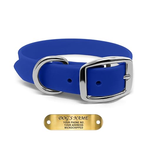 Regal Dog Products Large Blue Waterproof Dog Collars with Custom Engraved Name Plate | Vinyl Coated, Anti, Easy to Clean Personalized Biothane Dog Collar - Other Sizes for Small & Medium Dogs - color: Blue, size: Large Collar
