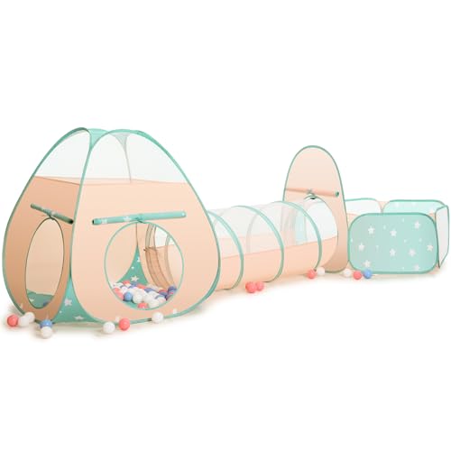 SISTICKER 3 in 1 Kids Play Tent with Baby Ball Pit and Play Tunnel, Toddler Climbing Toys for Boys, Girls, Babies, Indoor Outdoor Pop Up Playhouse Tunnel Toys (Balls NOT Included) - style: Orange/Green
