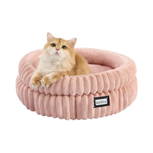 BALANCE Cat Bed Kitten Bed, Washable Round Cat Beds for Indoor Cats,Super Soft Plush Faux Fur Pet Bed for Puppy and Kitten with Anti-Slip Bottom - color: Acorn Pink, size: 24.0"L x 24.0"W x 9"Th