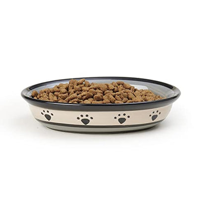 PetRageous 44247 Oval Metro Paws Stoneware Cat Bowl 6.25-Inch Wide and 1.5-Inch Tall Saucer with 1-Cup Capacity and Dishwasher and Microwave Safe for Small Dogs and Cats, Multicolored,Black