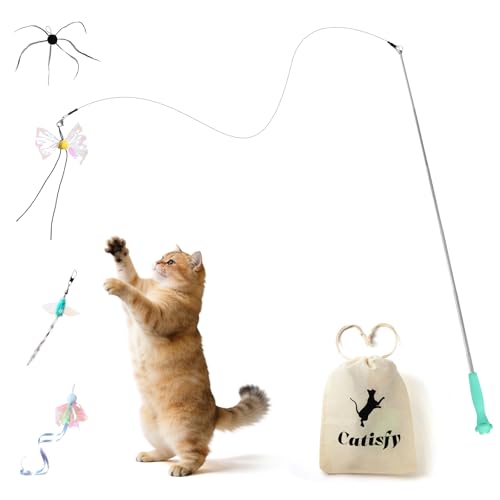 Cat Wand Toy – Retractable Wand with 4 Feather Toy Refills for Indoor Cats Enrichment, Interactive Cat Toy for Bored Adult Cats and High-Energy Kittens (BioBugs Serie 2.0) - color: BioBugs