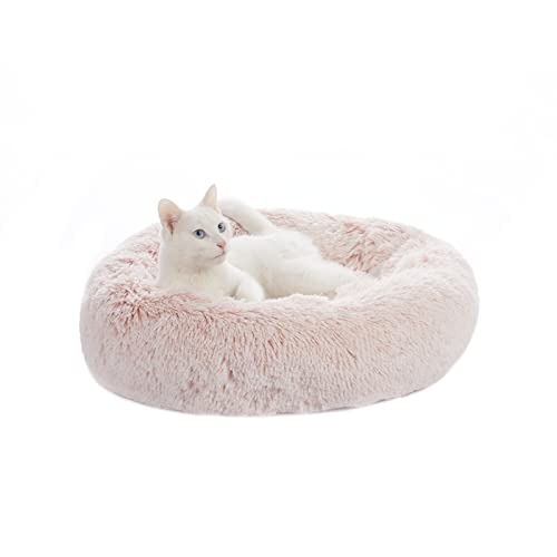 Bedfolks Calming Donut Dog Bed Cat Bed, 23 Inches Round Fluffy Dog Beds for Small Dogs, Machine Washable Anti-Anxiety Plush Puppy Bed（Pink, Small） - color: Pink, size: 23.0"L x 23.0"W x 7.0"Th