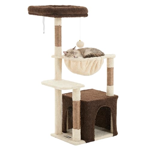 Cat Tree for Indoor Cats, 39.8-inch Cat Tower with 2 Plush Perches for Play & Rest, 1 Cozy Hideaway, Dangling Toy & Full Sisal Scratching Posts for Indoor Cats, Brown - color: Brown
