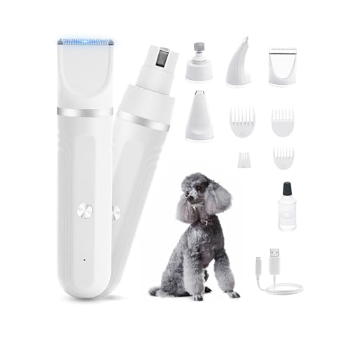 Dog Hair Clippers Grooming Kit and Paw Trimmer Nail Grinder Quiet,Dog Trimmer for Grooming,4-in-1 Rechargeable Cordless Low Noise Dog Shaver Grooming for Dogs Pets Cats(White) - color: White
