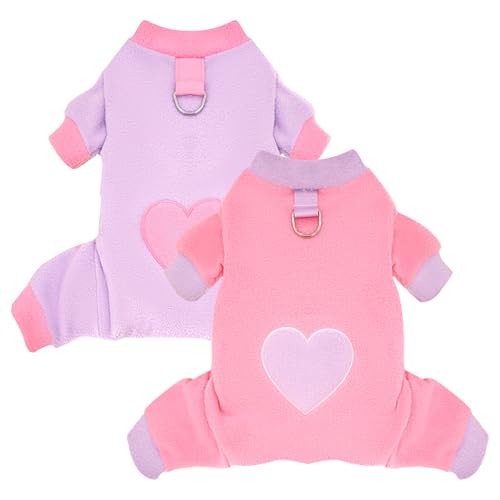 2 Pack Dog Pajamas Small Sized Dog Fleece Pajamas Cute Fleece Sweater Doggy Sweater Love Pattern Onesies for Pjs Small Valentines Clothes - color: Pink, size: X-large(suggest Length of Back 15.7'')