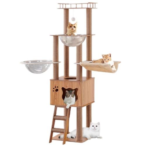 61'' Wooden cat Tree with cat Condo, Cat Stairs Scratching Posts, 2 Bowl,Sisal Scratching Posts,Cozy Cat Hammock and Top Perch. Cat Tree for Large Cats.