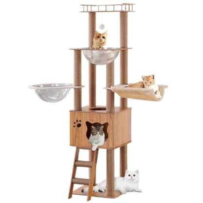 61'' Wooden cat Tree with cat Condo, Cat Stairs Scratching Posts, 2 Bowl,Sisal Scratching Posts,Cozy Cat Hammock and Top Perch. Cat Tree for Large Cats.