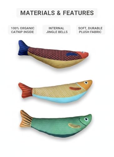 Cat Toy Saury Fish, 3-Pack (Green, Yellow, Orange), Catnip & Bell Sound, Soft & Durable, Interactive Kitten Toy for Indoor Cat Exercise, 8.7 Inches, Suitable for All Cat Breeds