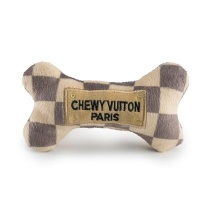 Haute Diggity Dog Chewy Vuiton Bone Plush Squeaky Dog Toy, Soft Durable Designer-Inspired Stuffed Puppy Chew Toys for Small & Medium Dogs, Machine-Washable (Tan Checker) Small - color: Brown Bone, size: Small