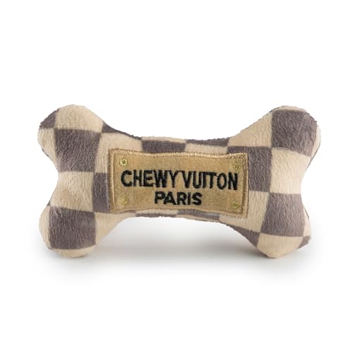 Haute Diggity Dog Chewy Vuiton Bone Plush Squeaky Dog Toy, Soft Durable Designer-Inspired Stuffed Puppy Chew Toys for Small & Medium Dogs, Machine-Washable (Tan Checker) Small - color: Brown Bone, size: Small