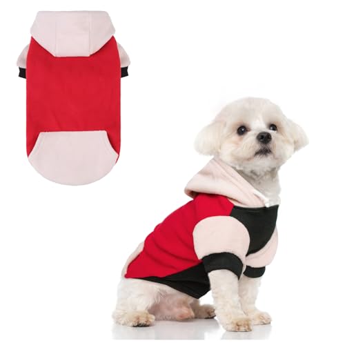 BEAUTYZOO Fleece Dog Hoodie Sweatershirt with Pocket and Leash Hole, Stretchy Small Medium Large Sized Dogs Clothes for Fall Winter Cold Days, Color Designer Warm Dog Jackets,French Bulldog Coats - color: Red, size: Small/Medium