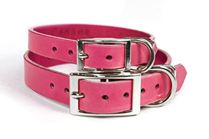 Handmade Personalized Bridle Leather Dog Collar, Engraved Stainless Steel Nameplate (Pink) - color: Pink