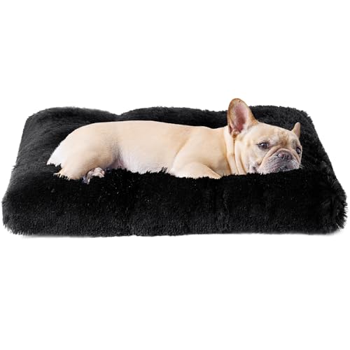 EHEYCIGA Fluffy Dog Crate Bed for Medium Dogs, Plush Faux Fur Crate Pad, Calming Anti Anxiety Medium Dog Bed, Washable Soft Warm Crate Mat with Non-Slip Bottom, Black - color: Black, size: 29.5 x 20