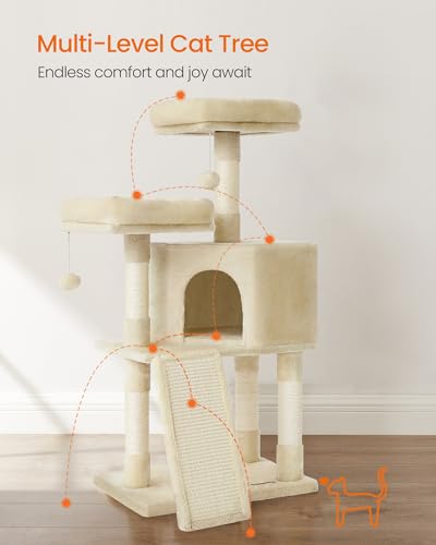 Feandrea Cat Tree, 45.3-Inch Cat Tower, Plush Condo with Scratching Post, Ramp, Perch, Spacious Cave, for Small Space, Beige UPCT141M01 - color: Beige