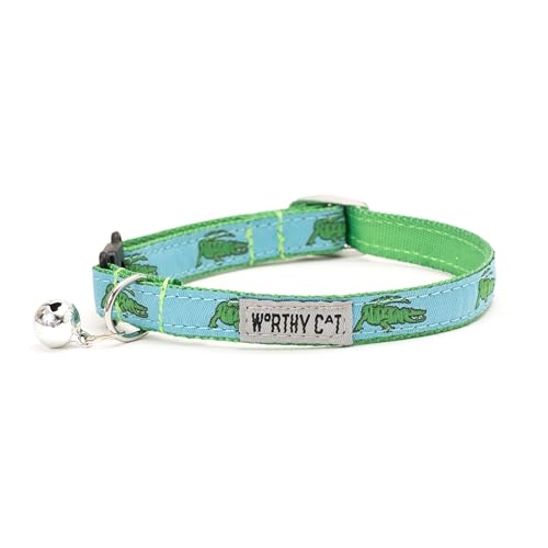 THE WORTHY DOG Alligators Cat Collar with Bell, Adjustable Nylon Safety Collar, Blue, One Size - color: Blue-Alligators
