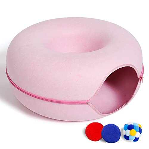 Large Cat Tunnel Bed for Indoor Cats with 3 Toys, Scratch Resistant Donut Cat Bed, Up to 30 Lbs (L 24x24x11, Pink) - color: Pink, size: L(24x24x11)