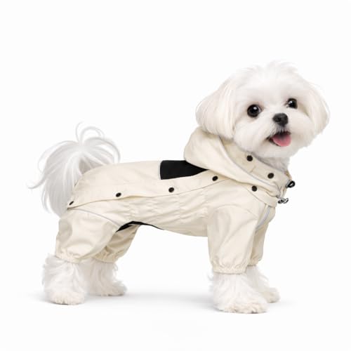 LOVELONGLONG Waterproof Dog Raincoat with Removable Hood – Outdoor Full Body Dog Jacket, Windproof Snowproof Shell Suit – All Season Pet Rain Gear Ivory XXS - color: Ivory, size: XXS (Back 9")