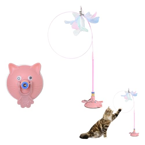 renvena Cat Exercise Toy Adjustable Feather Teaser Wand with Suction Cup Mental Stimulation for Indoor Pets Pink One Size - color: Pink