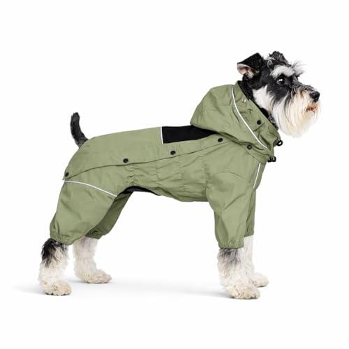 LOVELONGLONG Waterproof Dog Raincoat with Removable Hood – Outdoor Full Body Dog Jacket, Windproof Snowproof Shell Suit – All Season Pet Rain Gear Sage Green S+ - color: Sage Green, size: S+ (Back 13")