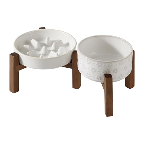 Havniva 1.2 Cup Elevated Slow Feeder Dog Bowls, 7.3” Dog Slow Feeding Bowls + 6.1” Ceramic Dog Water Bowls Set with Acacia Wood Stand, Dog Food Bowls Puzzle Feeder for Small Dogs Non-Slip Anti-choking - color: 2 x White + Stand - C, size: M- 7.3inch / 1.2