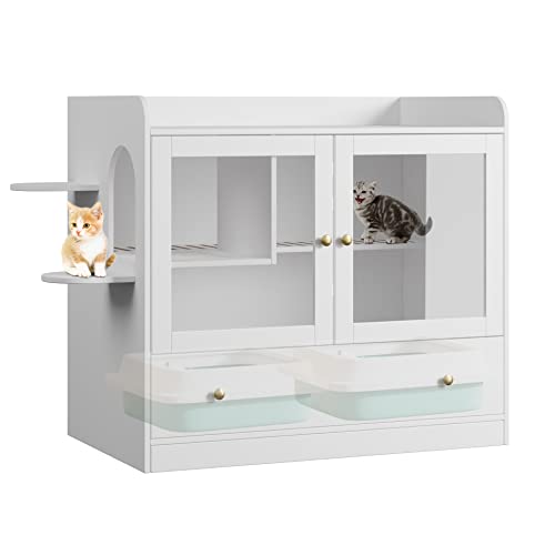 Extra Large Cat Litter Box Enclosure Furniture Hidden, Cat Condo Cabinet Pet House with Stairs for 2, Nightstand Side Table with a Drawer for Living Room, White - color: White