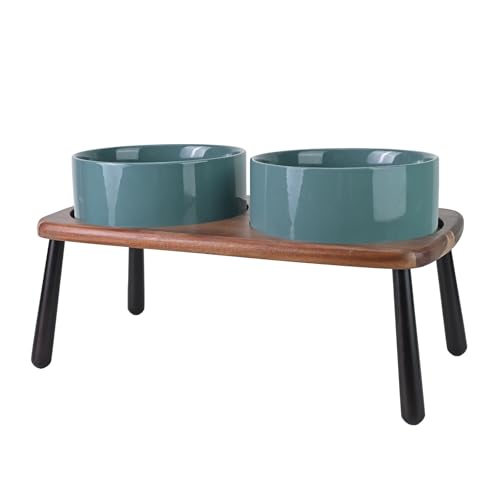 SPUNKYJUNKY Ceramic Elevated Dog Bowls Raised with Acacia Bamboo Wooden Stand, 8.3'' Dog Food Water Bowls Set Non-Slip for Medium Large Sized Breed Microwave Dishwasher Safe - 60 OZ,Dark Green - color: Dark Green, size: 8.3 in - Dual