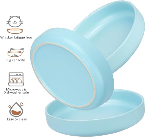 Ceramic Cat Bowls, Shallow Cat Dishes for Food and Water, 6 Inch Matte Finish Wide Cat Food Bowl, Whisker Fatigue Free Pet Puppy Kitten Bowl Set of 3, Dishwasher Safe - color: Blue-3pack