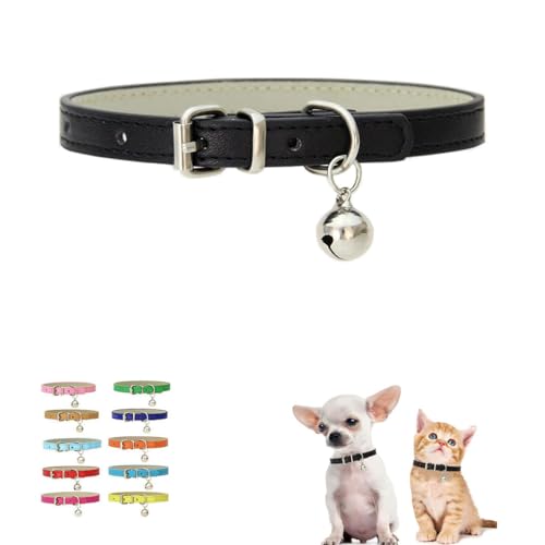 XS Dog Collar with Bell, Puppy Collar Boys Black Cat Collar with Bell Girls Faux Leather PU Adjustable for XXS Xs Small Pet Dogs Animal Litter Tiny Male Female,XSmall - color: Black, size: XS for Neck 8"-10.5"