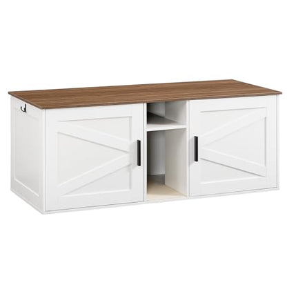 HOOBRO Double Litter Box Enclosure, Modern Cat Litter Box Furniture with Storage and Mat Design, Farmhouse Hidden Litter Box Enclosure with 2 Hooks, White and Walnut WH23MW01 - color: White + Walnut