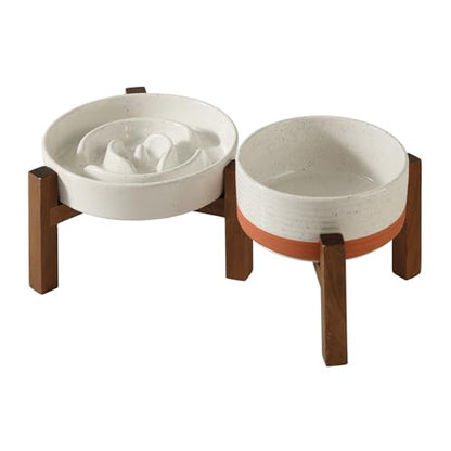 Havniva 1.2 Cup Elevated Slow Feeder Dog Bowls, 7.3” Dog Slow Feeding Bowls + 6.1” Ceramic Dog Water Bowls Set with Acacia Wood Stand, Dog Food Bowls Puzzle Feeder for Small Dogs Non-Slip Anti-choking - color: 2 x Vanilla White + Stand - A, size: M- 7.3in