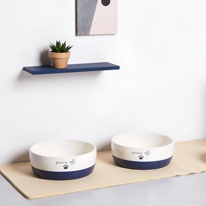 Pearhead Ceramic Cat Bowl – Navy Blue “Paws Off” Design, Holds 12 oz, Stoneware Pet Dish, Non-Skid Feeding Bowl - color: Navy Paws Off, size: Single Bowl